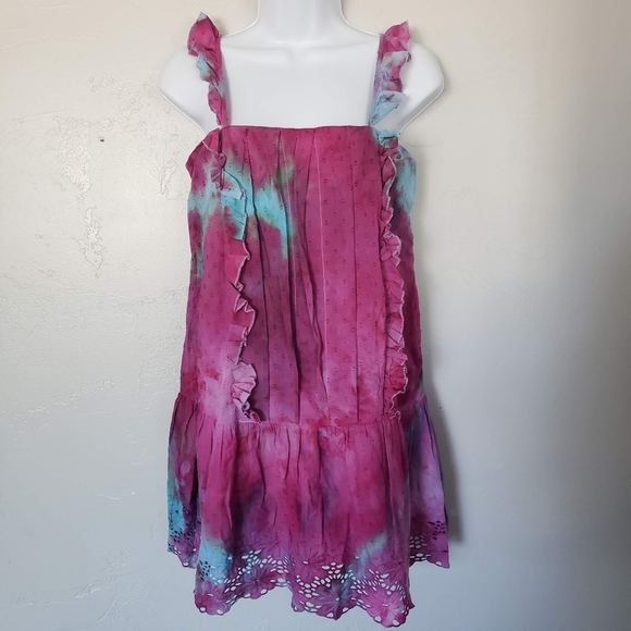 Tularosa XS Pink Purple Blue Tie Dye Mini Dress Swiss Dot Ruffle Straps Eyelet - Picture 1 of 9